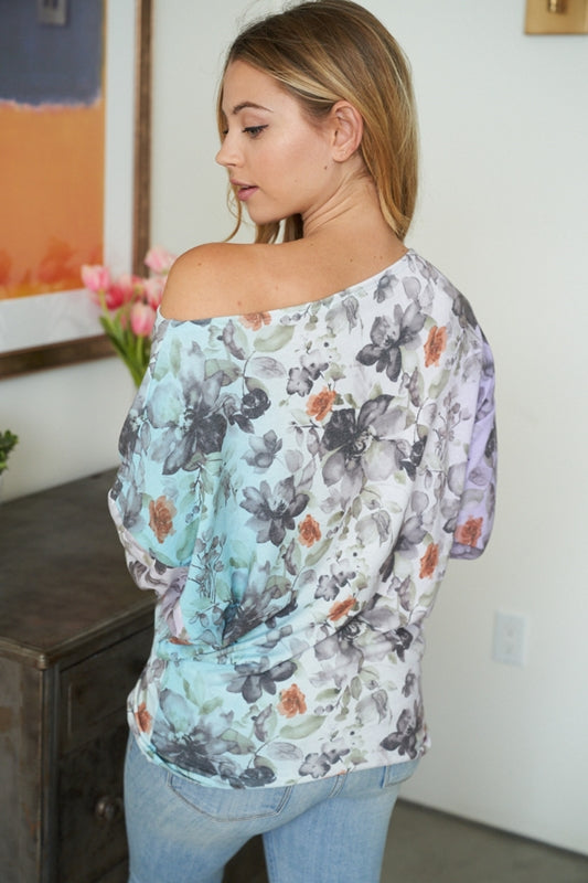 White Birch Floral Top - Aqua/Lavender