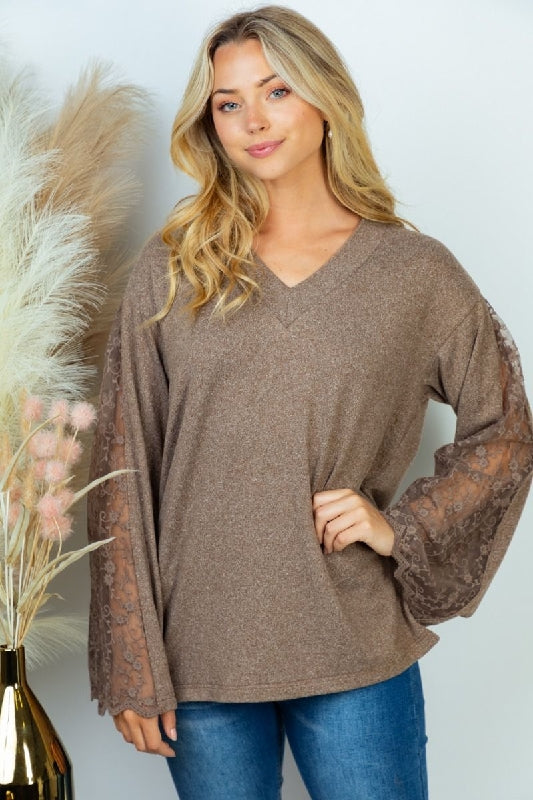 White Birch Lace Sleeve Solid Top - Mocha