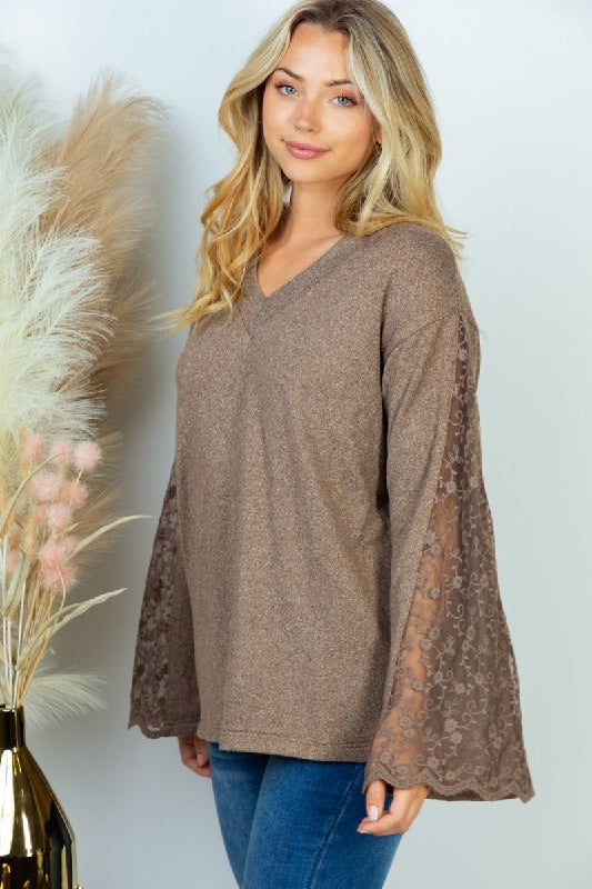 White Birch Lace Sleeve Solid Top - Mocha