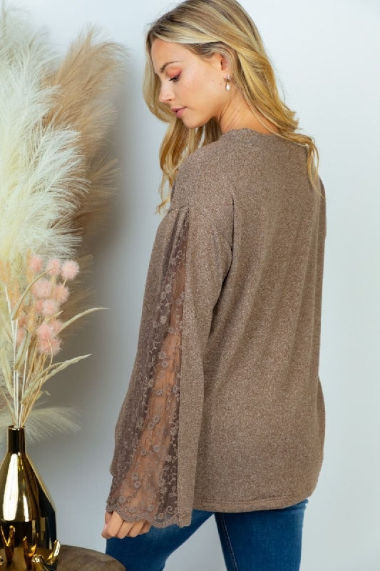 White Birch Lace Sleeve Solid Top - Mocha