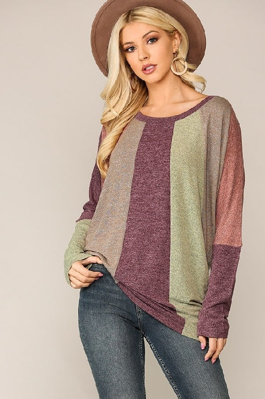 Gigio Colorblock Dolman Sleeves Top - Burgundy Mix