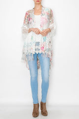 Origami Big Rose Print Hi Lo Kimono - Ivory