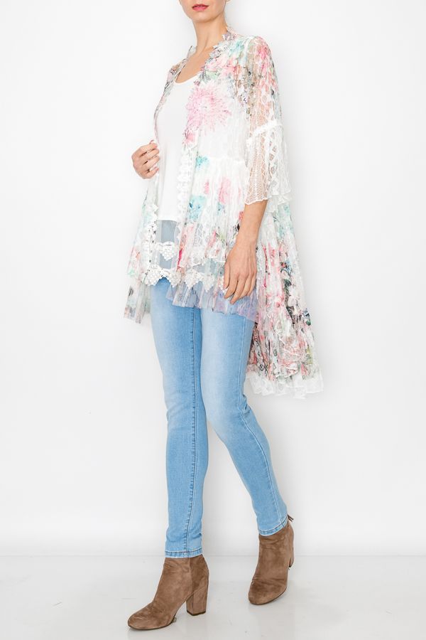 Origami Big Rose Print Hi Lo Kimono - Ivory