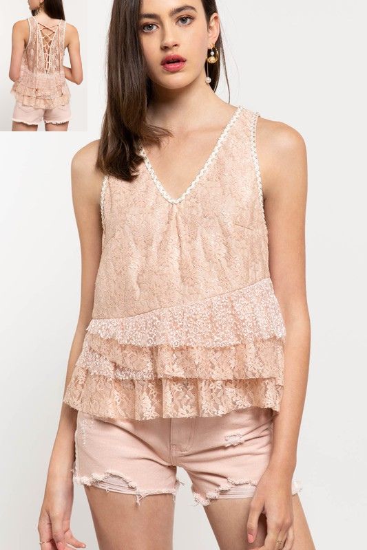*SALE POL Tiered Lace Up Back Top - Blush