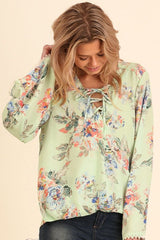 Umgee Floral Lace Up Blouse - Mint