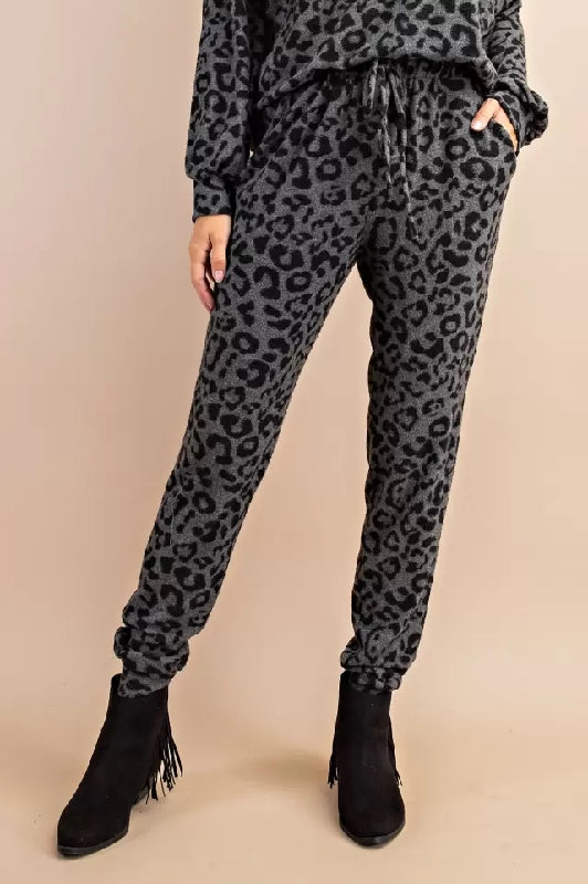 Leopard Plush Lounge Jogger Pants - Charcoal/Black