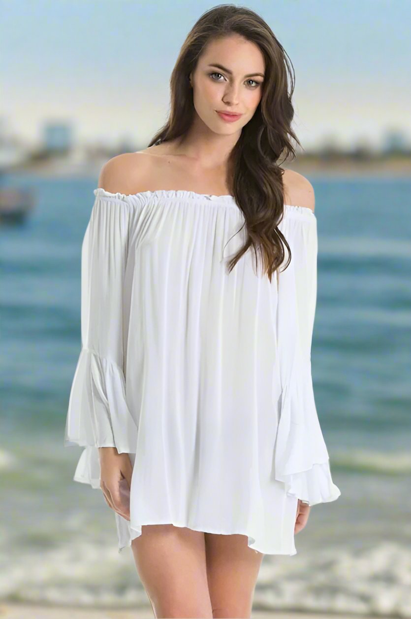 Elan Off Shoulder Bell Ruffle Sleeve Tunic Top - White