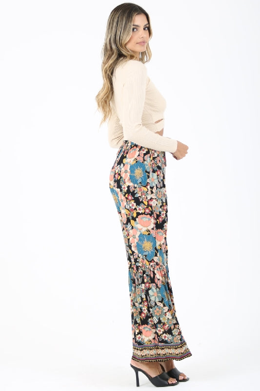 Angie Boho Floral Print Pants - Black