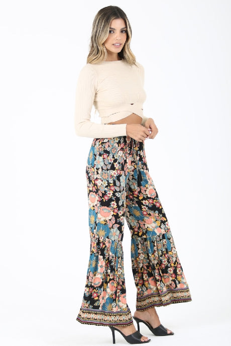 Angie Boho Floral Print Pants - Black